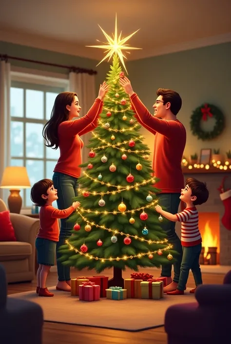 family putting together their Christmas tree in their living room 