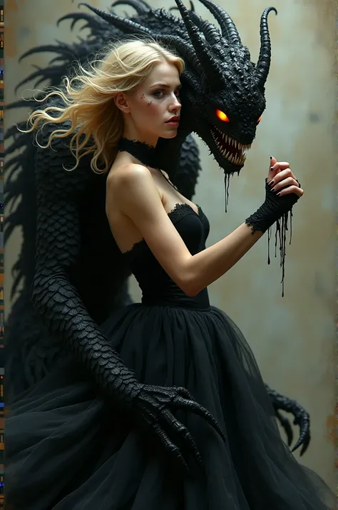  Make an image of a beautiful young woman with blond hair and red eyes in a black dress made of feathers dancing with a monster with tentacles and made of black blood (flowing through the girls body ) with yellow eyes