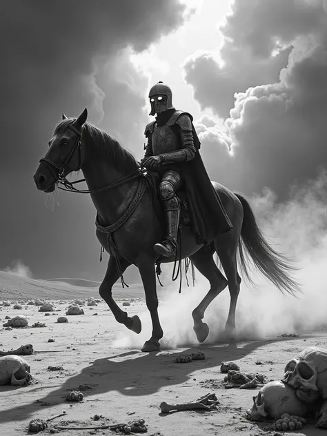 IMG_3705.CR2: ((Masterpiece)), ((ultra-detailed, eerie illustration)), (high-contrast black and white image of a ghostly knight on horseback), ((crossing a barren desert littered with bones)), ((knight’s armor fragmented and decayed, with pieces disappeari...