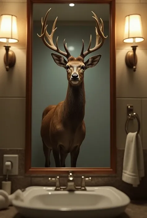 A deer standing like a man taking a picture in front of the mirror in a bathroom looking strong alpha male , with a phone taking a picture in the mirror , with a flash phone