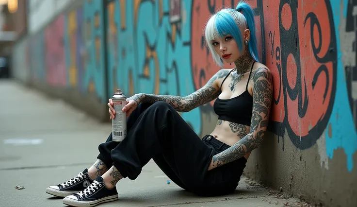 Full body A pale young girl, heavily tattooed in black that highlights her white skin, very slim and beautiful. She has half blue and half white hair with one side of her head shaved, she is wearing a black sports bra with a low neckline, her white panties...