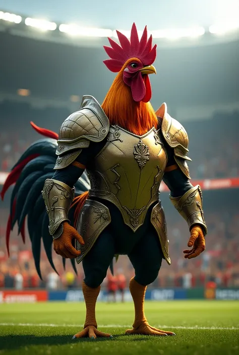 Create a rooster in armor ready for a soccer game in front of your fans Atletico Mineiro 