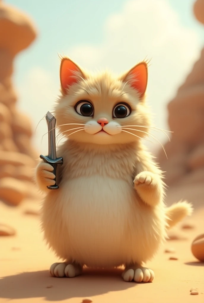 A cartoonish 3D Pixar Style, water-drop-shaped cat with fluffy, feather-like fur stands at desert, wearing full toy armour, looking irresistibly cute. Her round, dark eyes are wide and expressive, with a slight, endearing sadness that makes her look extra ...