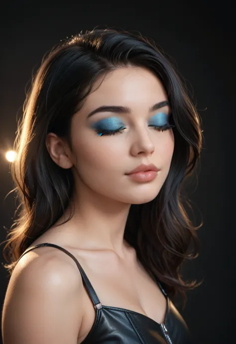 black and white :superb quality, masterpiece, high resolution, 1 , retrato close up,eyes closed,bright blue makeup eyeshadow,lon...