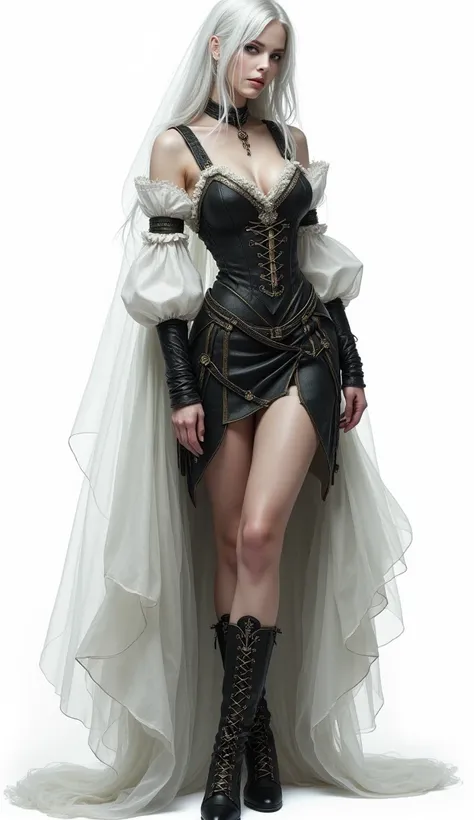 full body of a woman in a extra short dress with a veil, pale skin, smirk, sensual pose, shiny silver hair, military boots, beautiful fantasy maiden slave warrior, beautiful fantasy art portrait, fantasy Victorian art, medieval fantasy art, beautiful and e...