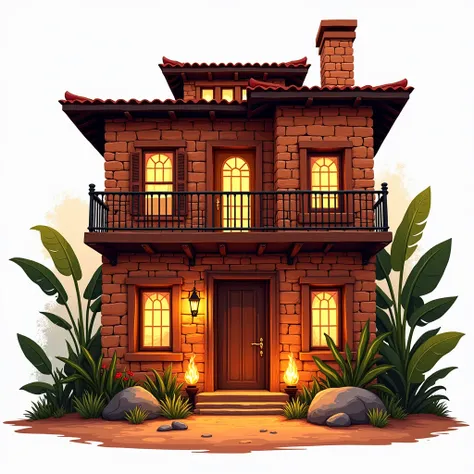 Estilo Cartoon hq detailed de uma grande e espaçosa e enorme casa de segundo andar,with balconies,tall windows in the front and sides in African style , the front of the house is full of energy and color ,  reflecting the fire element the façade is made of...