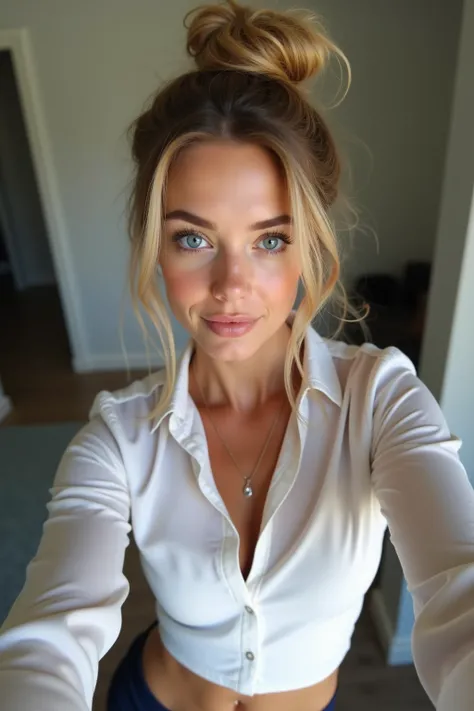 beautiful woman of 18 years old with blue eyes, blond with brown roots, hair in bun with tendrils, looking directly at the camera, very realistic, instagram selfie at home, tight shirt, cute belly-button, white and navy blue professional clothes, clothes t...