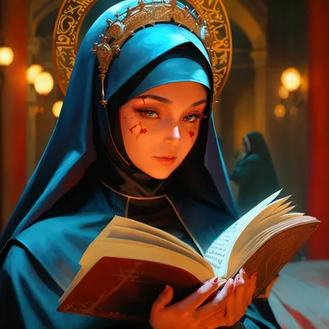 Red skin, nun, big breast, nun clothing, thigh, reading book, demonic nun, halo