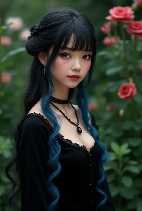 Could you create a drawing of a 25-year-old white girl?, with thin face, dark-eyed, thin lips, with long black hair ,  curled at the tips ,  with straight bangs covering her eyebrows and blue highlights at the tips, wearing a black necklace and dress in me...