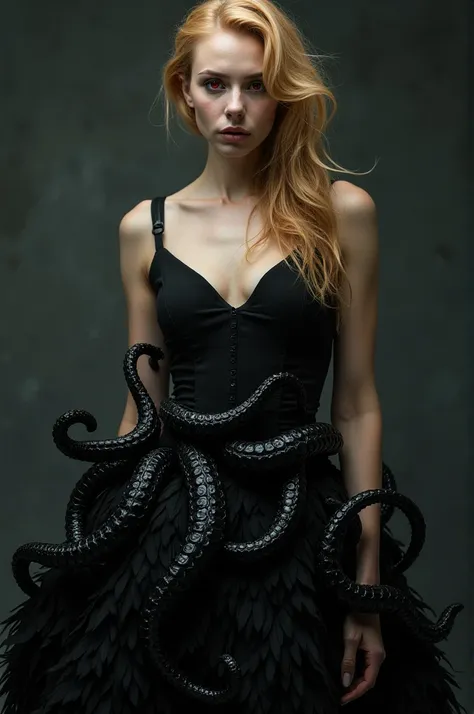 Make a dark romance image with a very beautiful red-eyed blonde woman wearing a black dress made of feathers and several tentacles surrounding her waist 