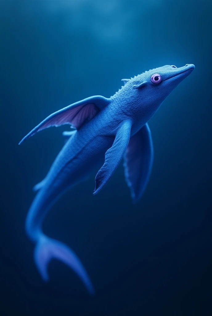  it is an animal with an aerodynamic and elongated body  , it has large fins that allow it to extend them when it comes to color  ,  its body is covered by scales with bioluminescence that produces a bluish glow  ,  it has large eyes of an intense purple c...