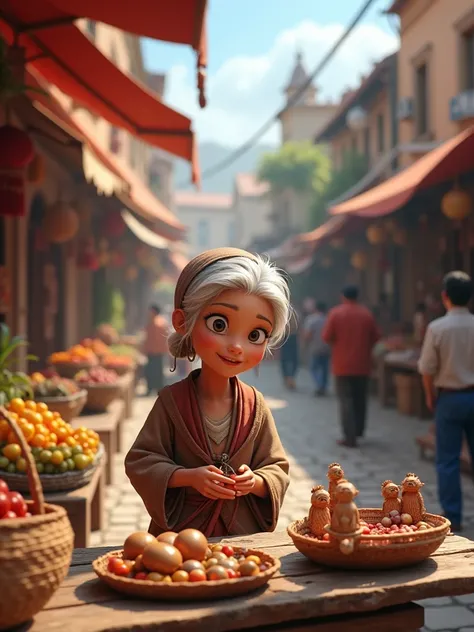 Animated image of an old lady selling handicrafts in the market square