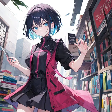  female anime character , short hair colors black and pink, rosto angelical, blue eyes, Several books fall above it, like rain.