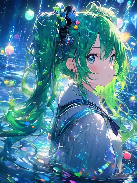 Profile focus,  Eyes Focus ,  cute face, masterpiece, Best Quality,  sharp concentration,  super high definition,  1 girl,  beautiful green hair with twin tails,  standing in water,  colorful lights , Sparkling Eyes, Blue Night, Colorful galactic light, Gl...