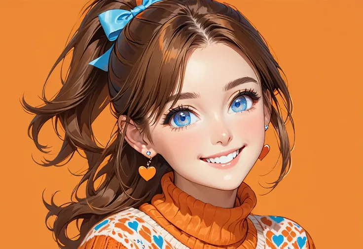 an adorable girl with blue eyes wearing an orange sweater and has a heart on her neck, 1girl, solo, heart, blue eyes, jewelry, ponytail, earrings, long hair, looking at viewer, orange background, smile, sweater, brown hair, heart earrings, orange sweater