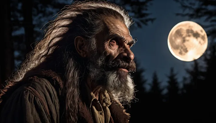 Half a profile of an old man, bearded, furry, Classic human werewolf beggar, scary,  long hair rowdy widows peak ,  long teeth pressed sharp ,  ultra realistic reddish brown eyes,  thick hairy eyebrows ,  pointed furry ears ,  ragged clothes , aggressive, ...