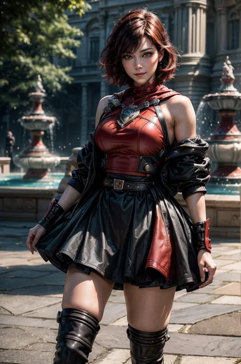 srwby, short hair, black hair, red hair, t-shirt, skirt, boots, gradient hair, grey eyes, standing outside, smiling, (cowboy shot), dynamic pose, standing outside, palace gardens, fountain, crowd, intricate details, tonemapping, sharp focus, hyper detailed...