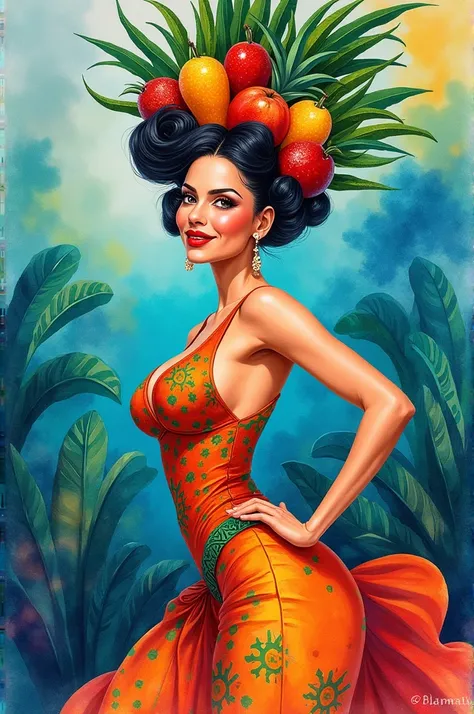 Create a watercolor drawing details image,  from Picassos 1899 work “La Chata” ,  but , replace The Woman with Carmen Miranda 