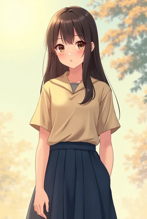 Beautiful white-haired teenager  , brown eyes ,  long straight dark brown hair  "without bangs",  short sleeve beige shirt and wide navy blue pants , type schoolgirl uniform from Venezuela , anime type with light colored background spring  