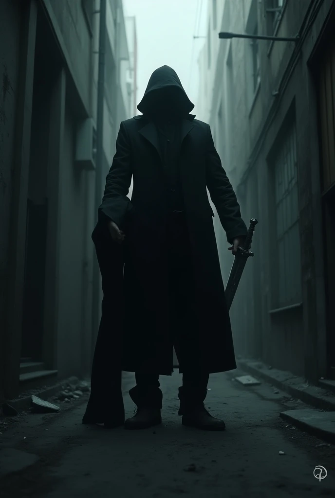 Holding a black trench coat in a dark alley while holding a huge sword with his left arm while a shadow pops out of his right arm 