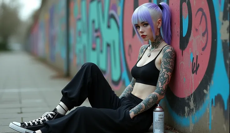 Full body A pale young girl, heavily tattooed in black that highlights her white skin, very slim and beautiful. She has half violet-blue and half white hair with one side of her head shaved, she is wearing a black sports bra with a low neckline, her white ...