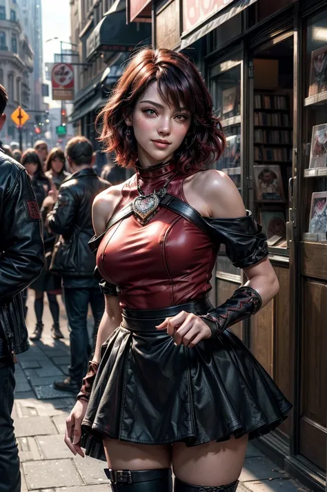 srwby, short hair, black hair, red hair, t-shirt, skirt, boots, gradient hair, grey eyes, standing outside, smiling, (cowboy shot), dynamic pose, standing outside bookshop on city street, crowd, intricate details, tonemapping, sharp focus, hyper detailed, ...