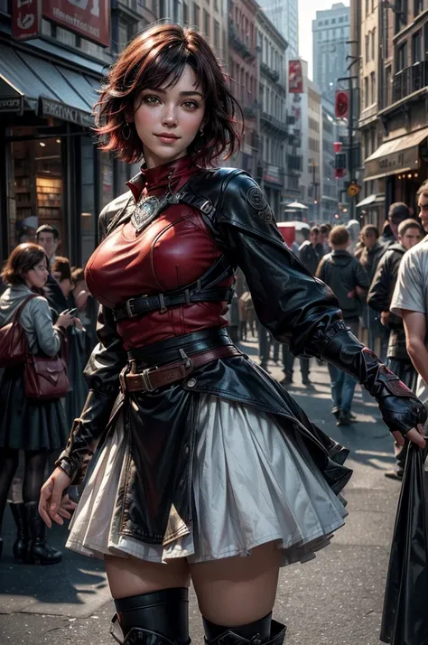 srwby, short hair, black hair, red hair, t-shirt, skirt, boots, gradient hair, grey eyes, standing outside, smiling, (cowboy shot), dynamic pose, standing outside bookshop on city street, crowd, intricate details, tonemapping, sharp focus, hyper detailed, ...