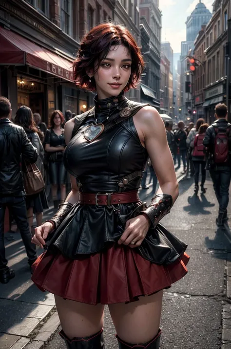 srwby, short hair, black hair, red hair, t-shirt, skirt, boots, gradient hair, grey eyes, standing outside, smiling, (cowboy shot), dynamic pose, standing outside bookshop on city street, crowd, intricate details, tonemapping, sharp focus, hyper detailed, ...