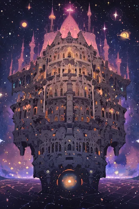 An ancient medieval castle levitating in outer space ,  with towers and walls surrounded
of tiny stars and planets .  The walls of the castle are covered with luminous vines and have
windows that directly face black holes or distant solar systems.