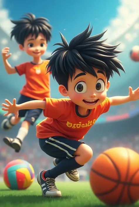 I want an image that has three balls, one from Sport Futebol, one from basketball and one from volleyball, that the background is very sporty and that in the image there are also two boys, one with straight hair and  with black hair and a  boy with short c...