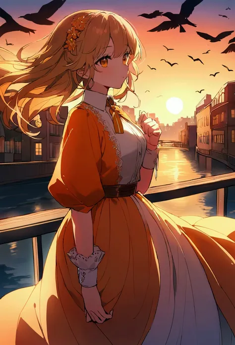 A school girl looking sky near the river. This is evening. The birds are flying to home. A town is situated inside her. The cloud of sky are orange colour. This girl only here.  The high towers are far from her in the city .these are shining with  sun shin...