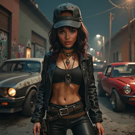 Brunette softly curly girl as gang member at slum-like neigborhood fighting against a bigger man, sexy pants, full body, open leather jacket, reversed cap, pendants, chocker, huge utilities belt, graffiti over wall, night ,wire fences at background, decade...