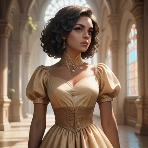 Twenty something year old, woman, brown skin, brown eyes, full lips, long curly black hair, dressed in a flowy revealing dress, waist up, Solo, High Resolution, Masterpiece, Anatomically Correct, Accurate, Best Quality, Medieval fantasy