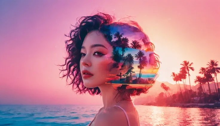 Vaporwave Aesthetic, vivid color, double exposure image of sunset, sea, palm trees and beautiful woman