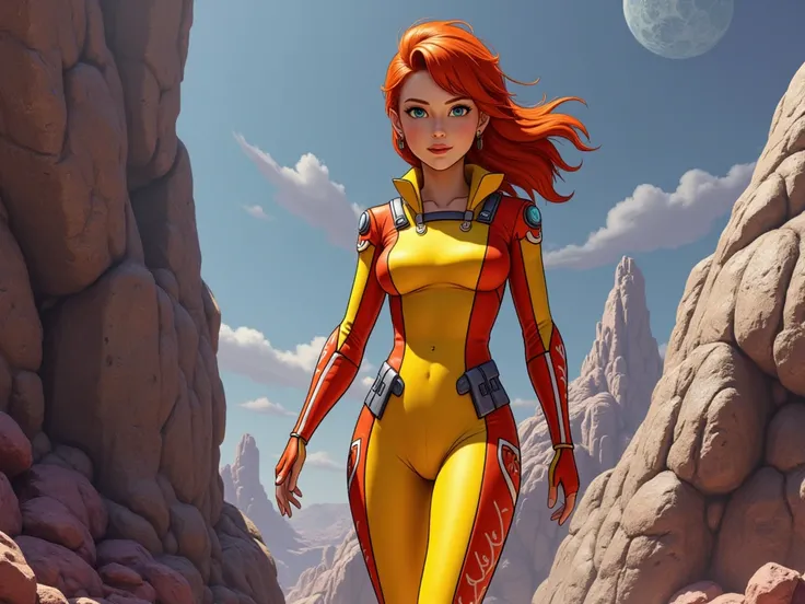 young woman, 25 years old,  casmodrome in a spacesuit from the cartoon The Mystery of the Third Planet, A red ,  blonde,  spacesuit against the background of the 