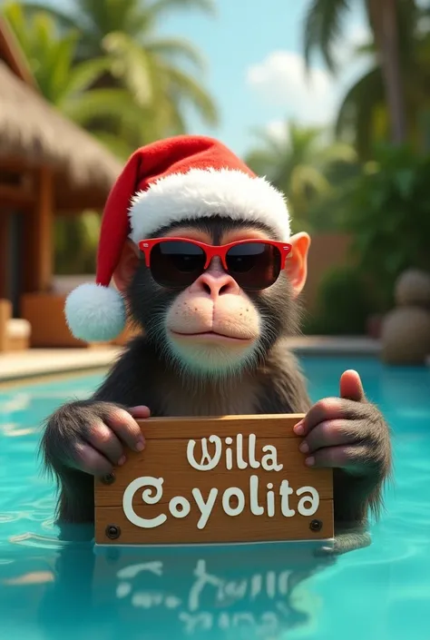 Create an image of a Congo monkey wearing sunglasses with a Santa hat floating in the pool smiling next to a sign of Villa Coyolito inviting you to visit us hands with 5 fingers