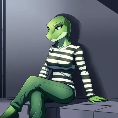 Solo, female, scalie, green eyes, lizard, smiling, green skin, green body, muscular, detailed hands, ((priclothes)), ((striped clothes)), prisoner, clothes, clothing, outfit, shirt, long sleeves, pants, full body, sitting, cross legs, black and white strip...