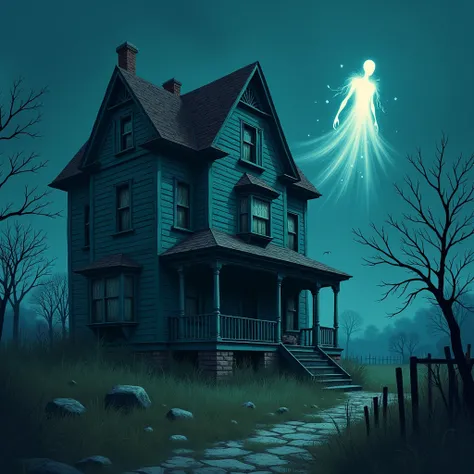  semi-realistic digital illustration ,  as if drawn by people , of a mansion at night , haunted,  with faded cyan blue wooden walls, Windows with planks and spider webs and a flying ghost