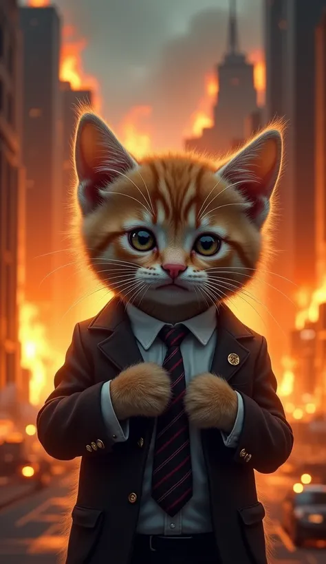 realistic image of a kitten dressed as a businessman, with a sad and tired look ,  crying. scene: City at night on fire 