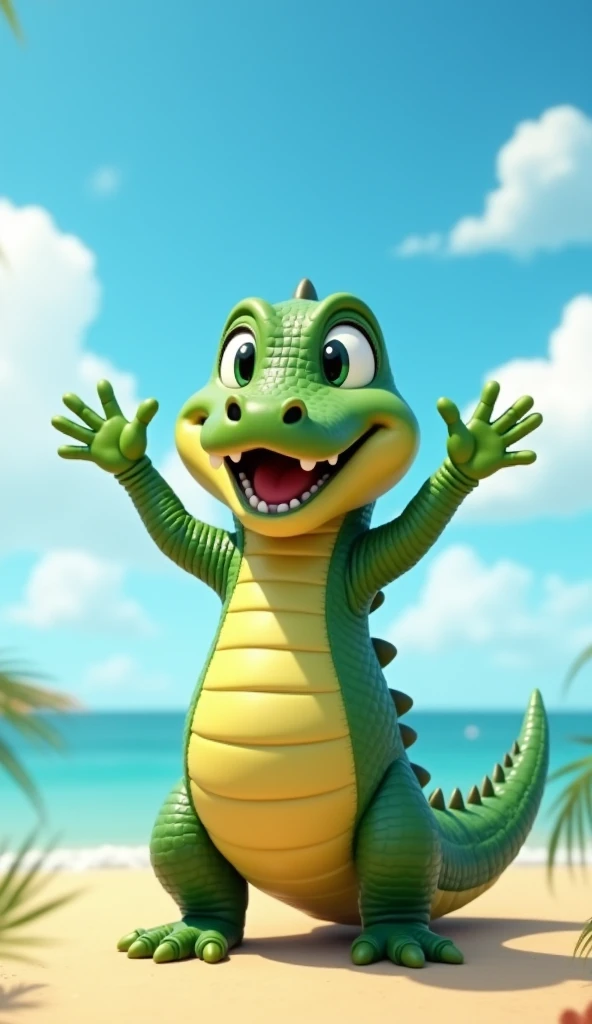 cute crocodile, cartoon, arms, hands ,cute eyes, looking at viewer, arms up, close, clouds, straight, blue, detailed, reflex, 4k, standing, sunny