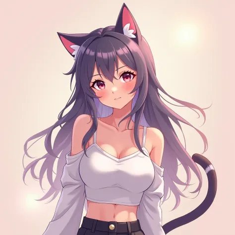 portrait of Anime Cat woman, dreamy, wearing crop top, entricate pastel background.
