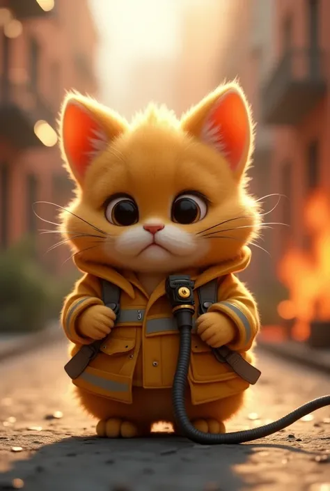 A cartoonish 3D Pixar Style, water-drop-shaped cat with fluffy, feather-like fur stands near a burning house, wearing full firefighter dress, looking irresistibly cute. Her round, dark eyes are wide and expressive, with a slight, endearing sadness that mak...