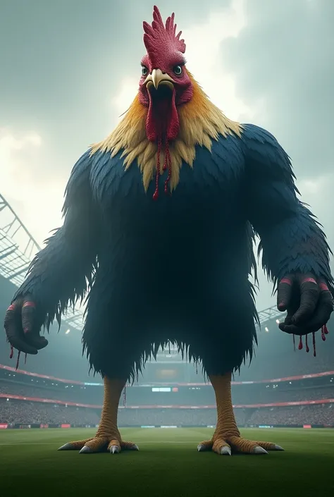 Create a titanic and very scary and giant rooster with blood to represent the French soccer team PASSING THE LEVEL OF THE FEARSOME AND THE GIGANTIC WITH BLOOD IN THE GIANT BEAK PUT PEOPLE FROM BELOW SEEING IT BUT WITH LEGS NOT WITH ARMS AND HANDS WITH A FO...