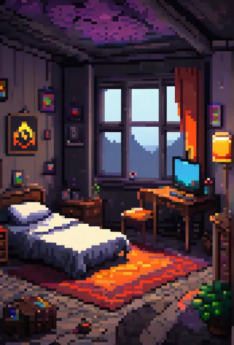  A sad  sitting on the bed in a room with dark lighting, With dark lighting, on one of the bedroom walls there is a crack ,Oh some bizarre symbols occultis , Next to the table there is a Laptop , a notepad, a broken chair in the high-quality PIXEL ART bedroom ,  high level of detail , Pixel art, Living Pixel World ,  256-color palette ,  the living room transforms into a computer game,  the room is swallowed up by pixel 