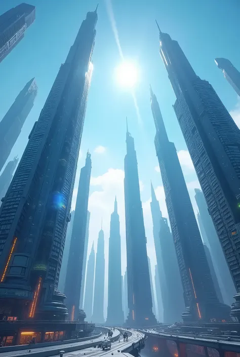 science-fiction; une mégalopole de grands buildings très futuristes esthétiques sous un ciel bleu; le soleil de midi se reflète sur la surface de verre des buildings.