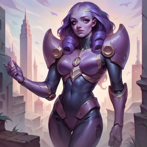  masterpiece ,  best quality ,  ultra high resolution , realistic leather texture, Female alien, sexy, tight clothes,  white and purple theme,  cybernetic armor , Tunica, city, metallic skirt, psionic powers , big head, Bifurcated legs