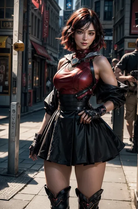 srwby, short hair, black hair, red hair, t-shirt, skirt, boots, gradient hair, grey eyes, standing outside, smiling, (cowboy shot), dynamic pose, standing outside bookshop on city street, crowd, intricate details, tonemapping, sharp focus, hyper detailed, ...