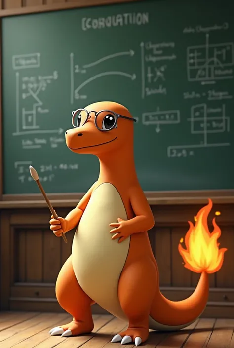  A mature Charmander with glasses, teacher with a blackboard behind 