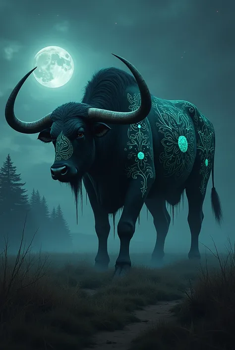 
"A colossal black ox ,  covered in mysterious tattoos ,  walks through a deserted field on a moonless night .  The figure of the ox exudes a frightening and magical presence,  with tattoos shining lightly . In the background,  there is a dark forest lands...