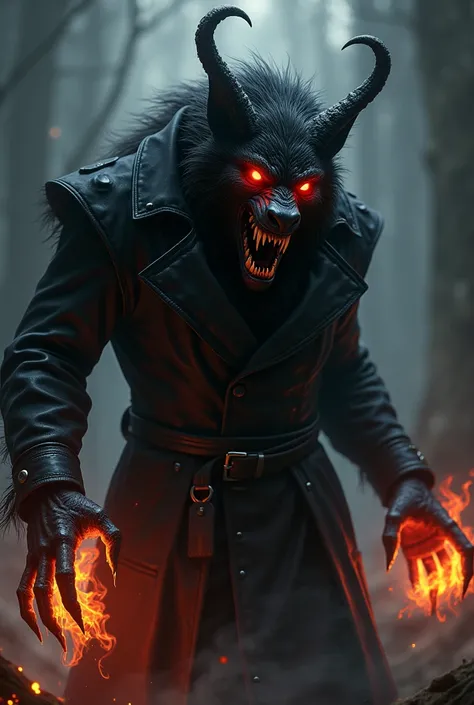  a demonic black werewolf wearing black trench coat with horns, Hands of fire and crying black tears  